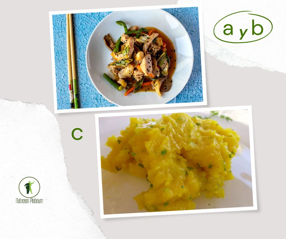 Salteado de cerdo con verduras y pure de patata con azafrán y cebollino